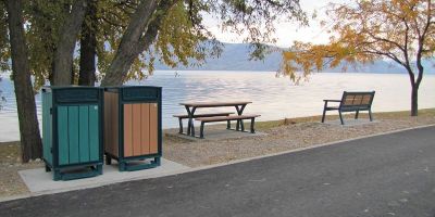 Beselt Solid Top Waste receptacles Parker Picnic Table and Rutherford Wide Body Bench Peachland BC